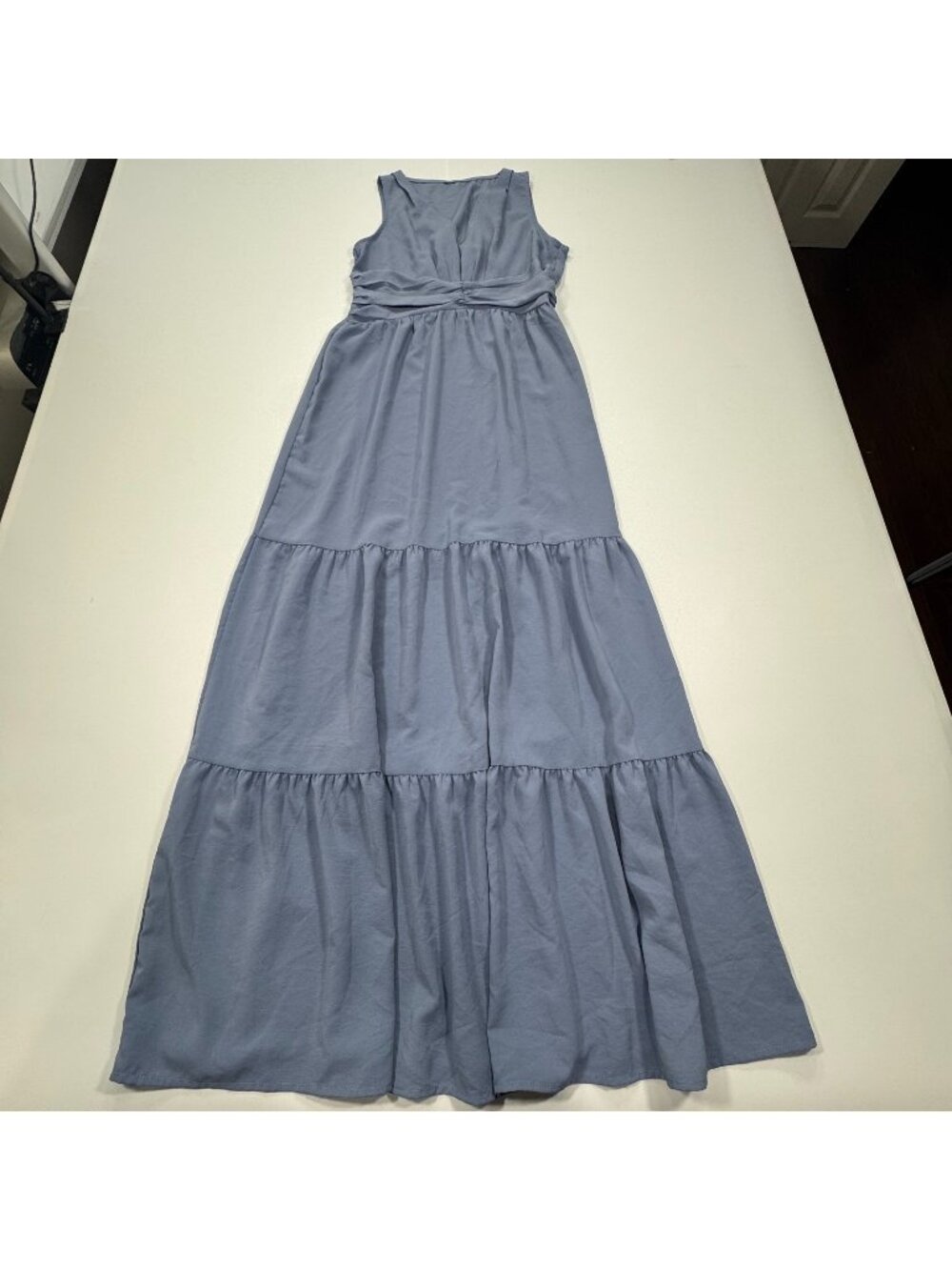 Long Dress Women's S Blue Polyester Maxi Pleated Summer Tiered Sleeveless Travel